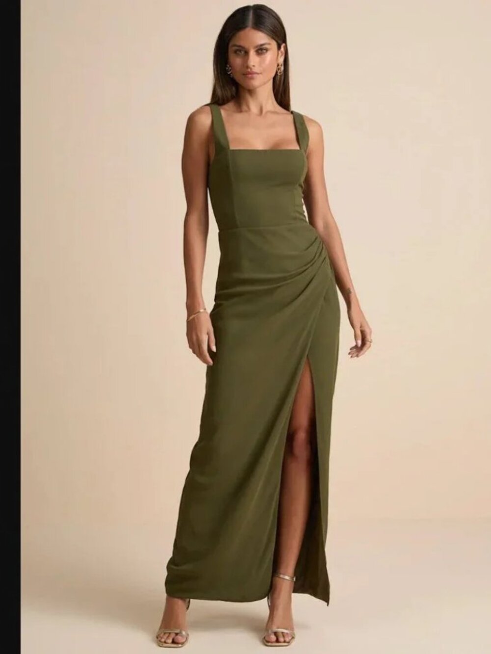Lulus Glamorous Disposition Olive Green Ruched Maxi Dress